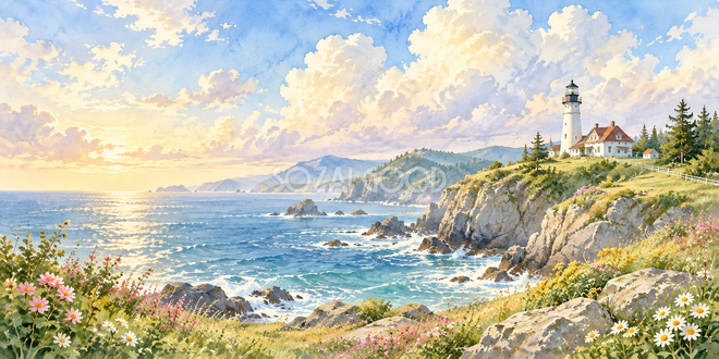 灯台と雲の水彩風景