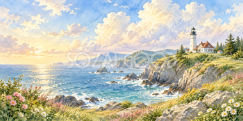灯台と雲｜灯台と岬の無料水彩風景イラスト素材 106009