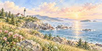 夕光の岬｜灯台と岬の無料水彩風景イラスト素材 106011