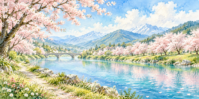 川沿いの桜の水彩風景 川沿いの桜の水彩風景
