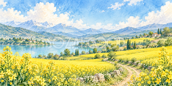 青空と菜の花｜菜の花畑の無料水彩風景イラスト素材 106015