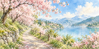 桜の小道｜桜並木の無料水彩風景イラスト素材 106016