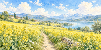 菜の花の一本道｜菜の花畑の無料水彩風景イラスト素材 106017