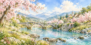 石橋と桜｜桜並木の無料水彩風景イラスト素材 106018