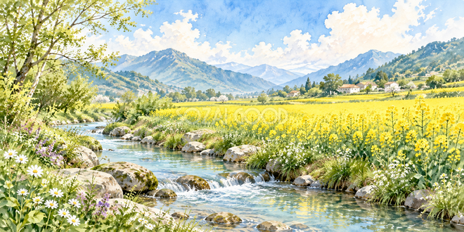 小川と菜の花の水彩風景 小川と菜の花の水彩風景