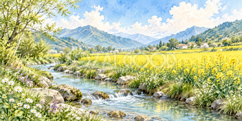 小川と菜の花｜菜の花畑の無料水彩風景イラスト素材 106019