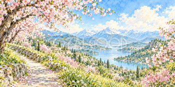 桜と山並み｜桜並木の無料水彩風景イラスト素材 106020