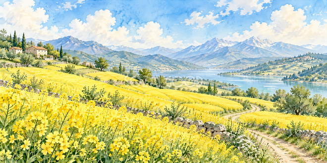 丘の菜の花の水彩風景 丘の菜の花の水彩風景