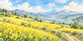 丘の菜の花｜菜の花畑の無料水彩風景イラスト素材 106021
