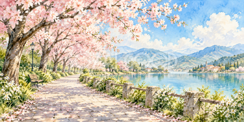 桜の公園｜桜並木の無料水彩風景イラスト素材 106022