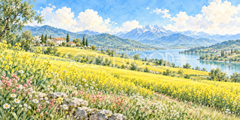 赤屋根の家｜菜の花畑の無料水彩風景イラスト素材 106023