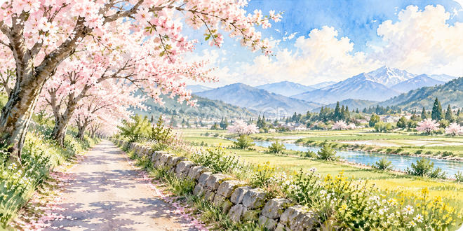 桜と田園の水彩風景 桜と田園の水彩風景