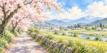 桜と田園｜桜並木の無料水彩風景イラスト素材 106024