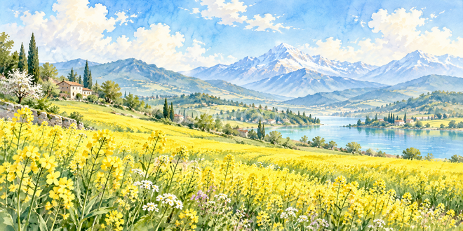山並みと花畑の水彩風景