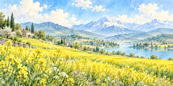 山並みと花畑｜菜の花畑の無料水彩風景イラスト素材 106025