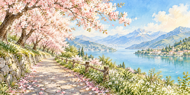 花びらの道の水彩風景 花びらの道の水彩風景