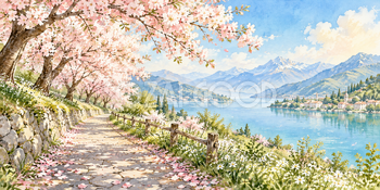 花びらの道｜桜並木の無料水彩風景イラスト素材 106026