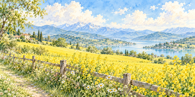 木柵と菜の花の水彩風景 木柵と菜の花の水彩風景