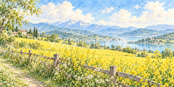 木柵と菜の花｜菜の花畑の無料水彩風景イラスト素材 106027