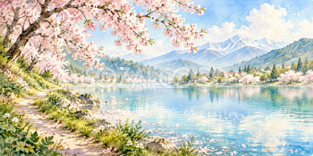 池辺の桜｜桜並木の無料水彩風景イラスト素材 106028