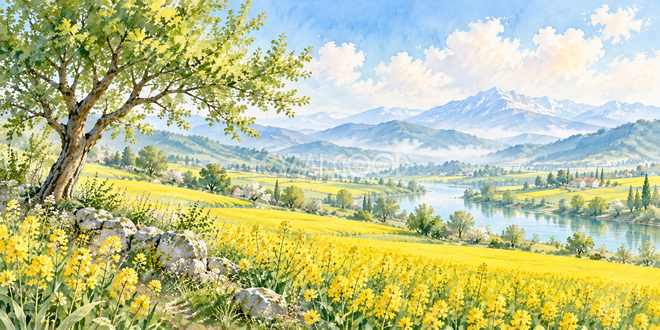 一本の木の水彩風景 一本の木の水彩風景