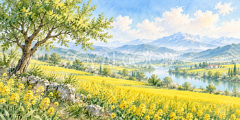 一本の木｜菜の花畑の無料水彩風景イラスト素材 106029