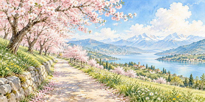 丘の桜並木の水彩風景