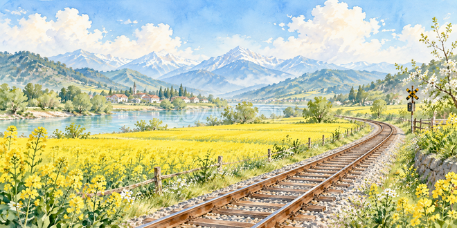 鉄道沿いの花の水彩風景