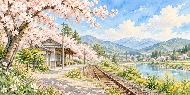 桜と小さな駅の水彩風景 桜と小さな駅の水彩風景