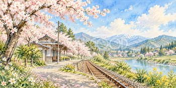 桜と小さな駅｜桜並木の無料水彩風景イラスト素材 106032