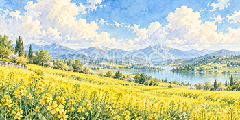 白い雲と花畑｜菜の花畑の無料水彩風景イラスト素材 106033