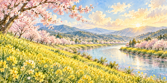 菜の花と桜の水彩風景