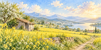 畑の小屋｜菜の花畑の無料水彩風景イラスト素材 106035