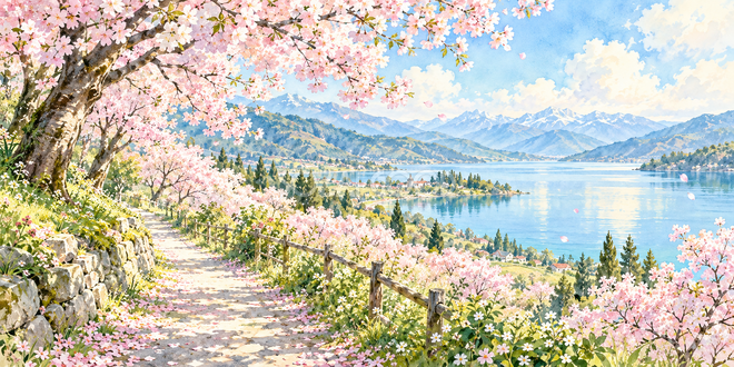 朝光の桜の水彩風景 朝光の桜の水彩風景