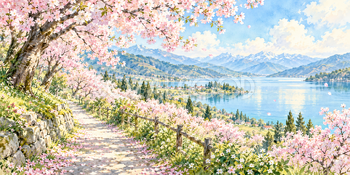 朝光の桜｜桜並木の無料水彩風景イラスト素材 106036