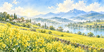 朝の菜の花｜菜の花畑の無料水彩風景イラスト素材 106037