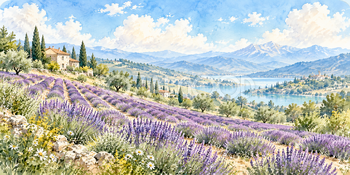 紫の丘｜ラベンダー畑の無料水彩風景イラスト素材 106040