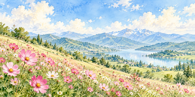 ピンクの丘の水彩風景 ピンクの丘の水彩風景