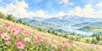 ピンクの丘｜コスモスの丘の無料水彩風景イラスト素材 106041
