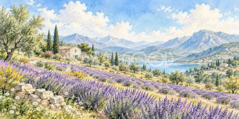 石の農家｜ラベンダー畑の無料水彩風景イラスト素材 106042