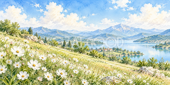白いコスモス｜コスモスの丘の無料水彩風景イラスト素材 106043