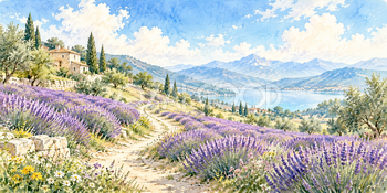 ラベンダーの小道｜ラベンダー畑の無料水彩風景イラスト素材 106044