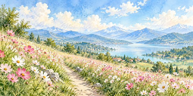 花畑の道の水彩風景