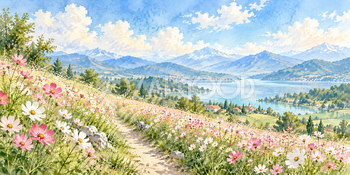 花畑の道｜コスモスの丘の無料水彩風景イラスト素材 106045