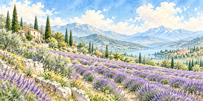 糸杉と花畑の水彩風景