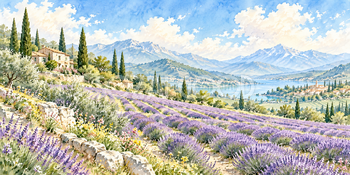 糸杉と花畑｜ラベンダー畑の無料水彩風景イラスト素材 106046