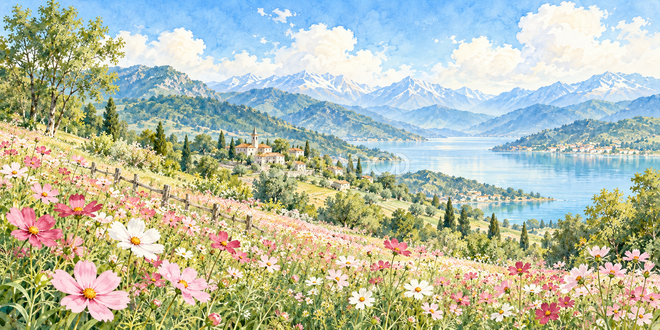 山里とコスモスの水彩風景 山里とコスモスの水彩風景