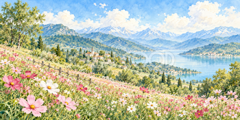 山里とコスモス｜コスモスの丘の無料水彩風景イラスト素材 106047
