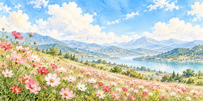 青空の花畑の水彩風景