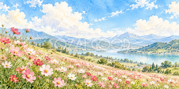 青空の花畑｜コスモスの丘の無料水彩風景イラスト素材 106049